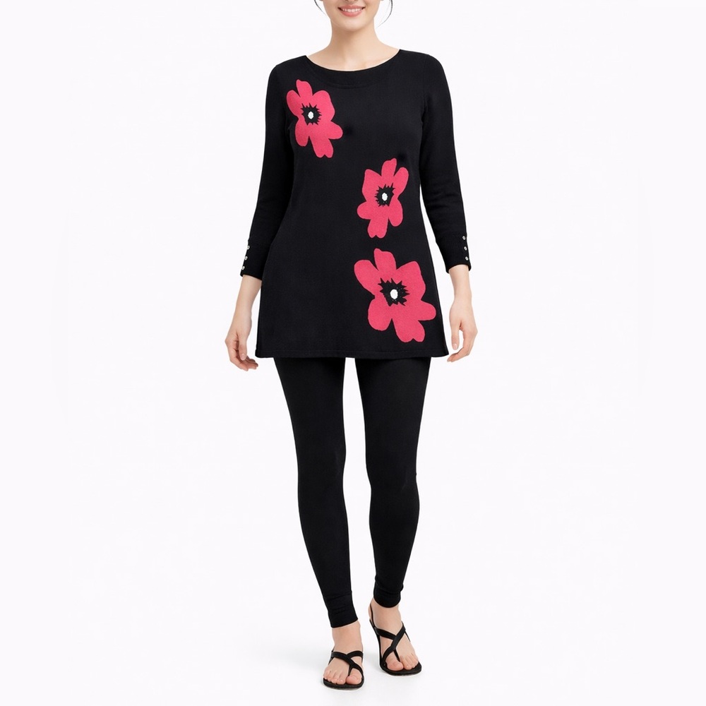 Floral Long Top - Black with Pink Flowers